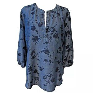Liz Claiborne Chambray Pullover Top, Blue Floral, Medium, Elastic Cuffs